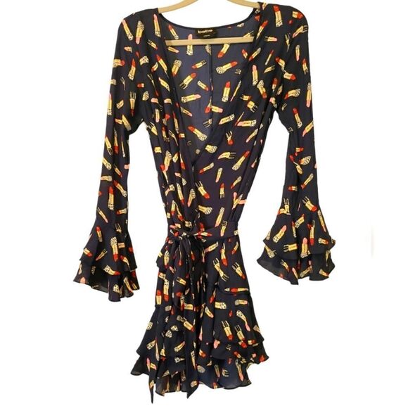 BEBE Denise Full Wrap Ruffle Detail Dress, Red & Pink Lipstick Print Novelty | 2 - Picture 2 of 12